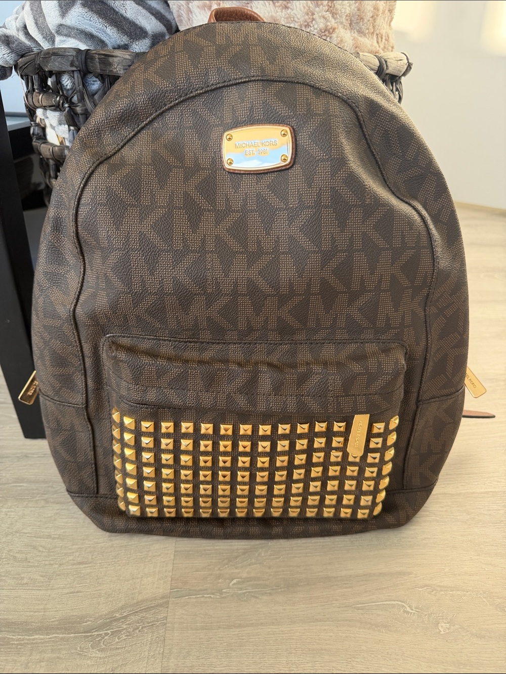 Michael Kors Brown Logo Backpack with Gold Studs